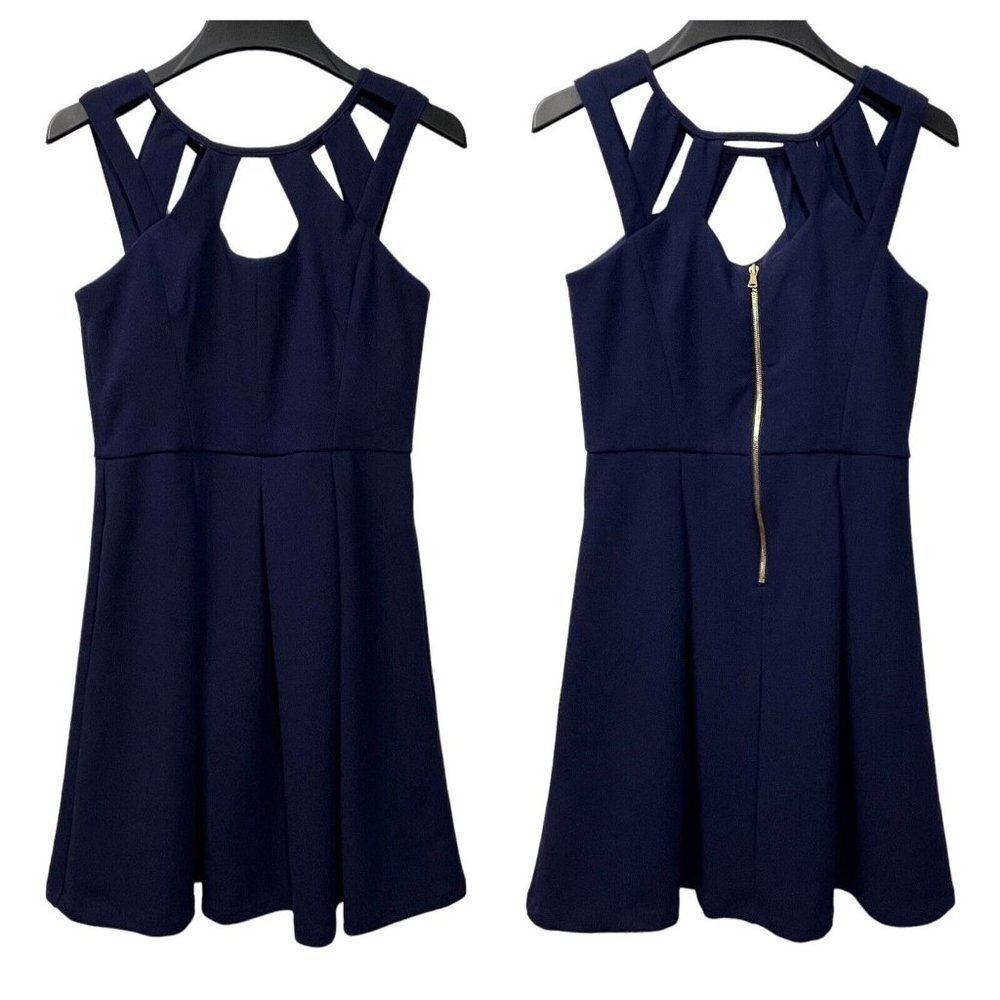 Betsey Johnson Fit & Flare Swing Dress Size 10 Navy Cutout Neckline Pockets